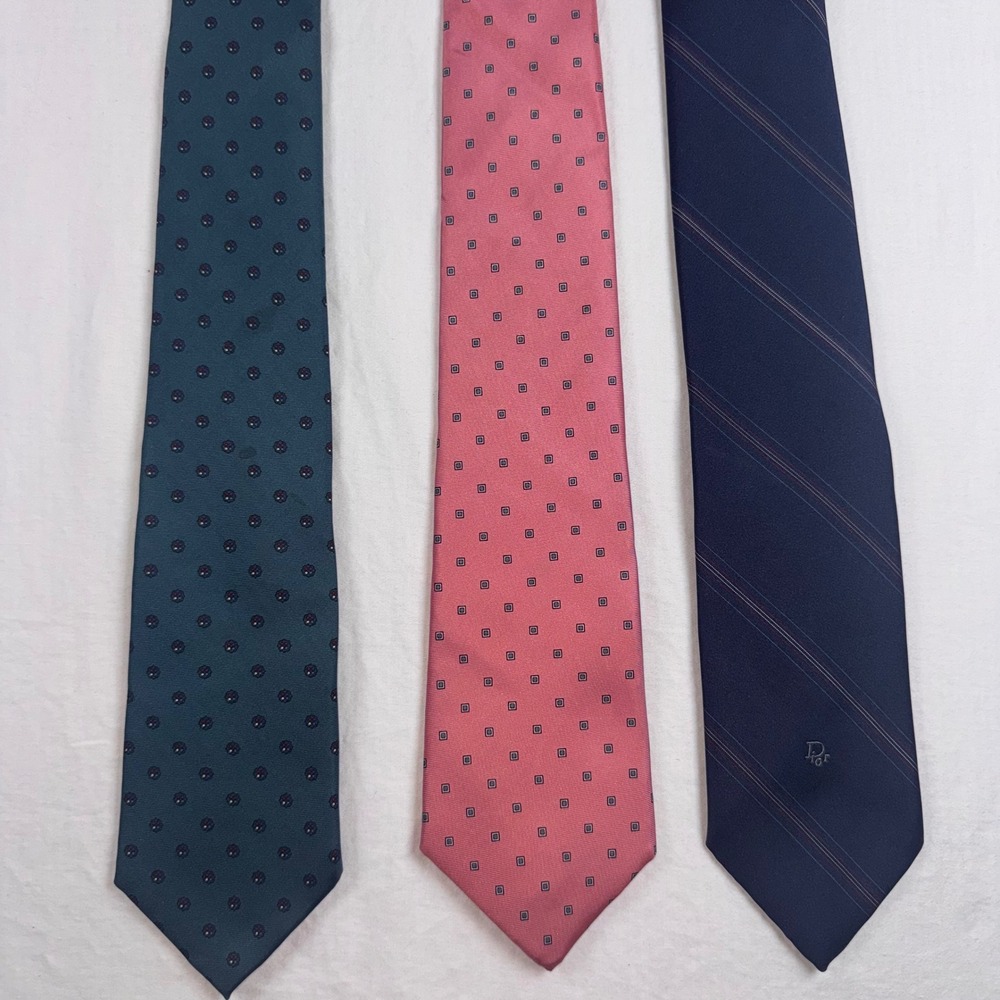 Christian Dior Necktie Lot Men OS Navy Pink Teal Silk Stripe Medallion 3pc Set
